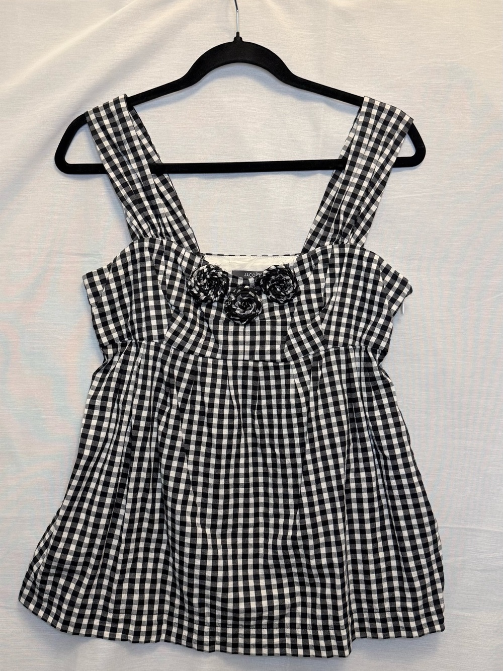 Black & White Gingham Babydoll Top with Floral Accent